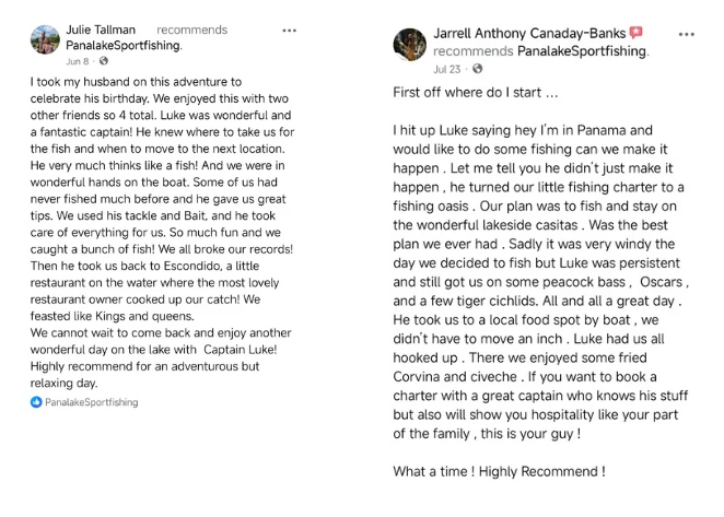 panalakesportfishing clients write reviews about there peacock bass fishing trips