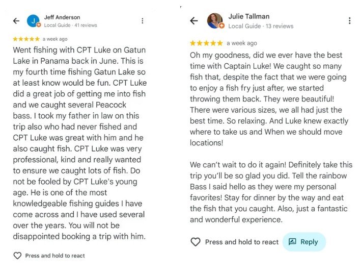 panalakesportfishing clients write reviews about there peacock bass fishing trips